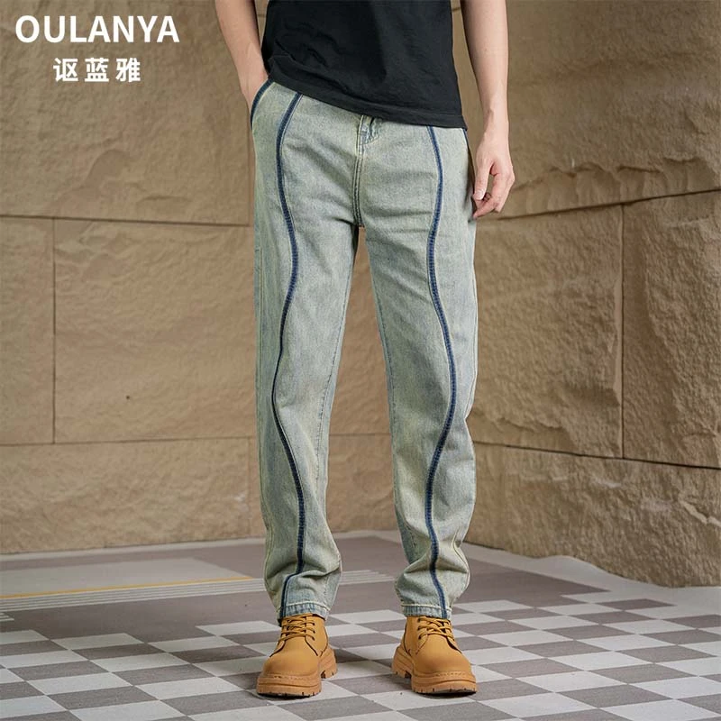 OULANYA/讴蓝雅无弹宽松薄水洗哈伦直筒牛仔裤男士休闲做旧803