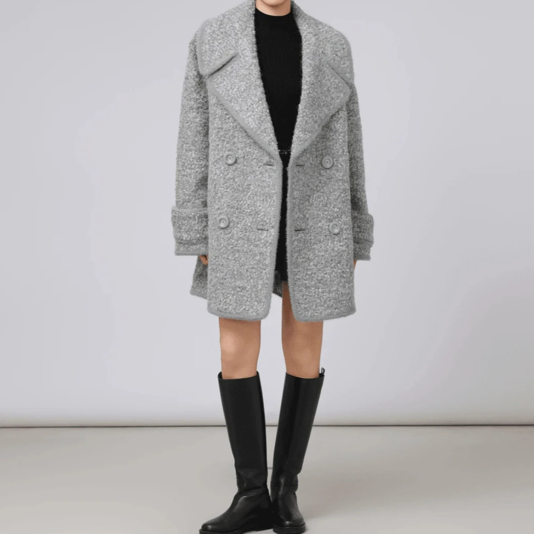 AMASS/阿玛施新款双排扣大衣秋冬百搭翻领廓形毛呢外套5400842