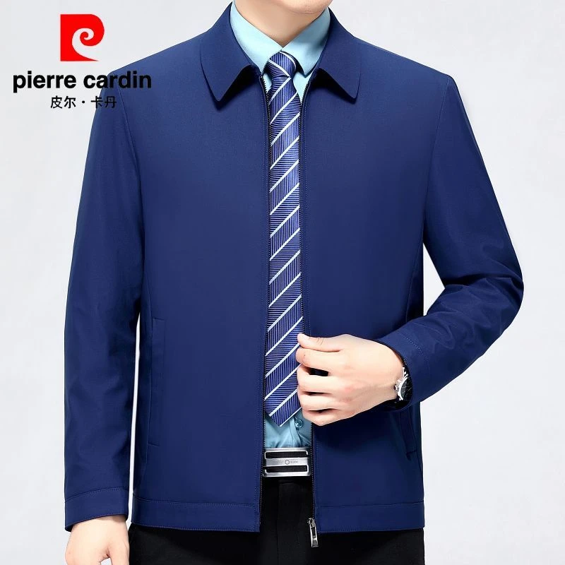 皮尔卡丹中年男士夹克春秋季翻领中老年纯色行政商务休闲外套薄款