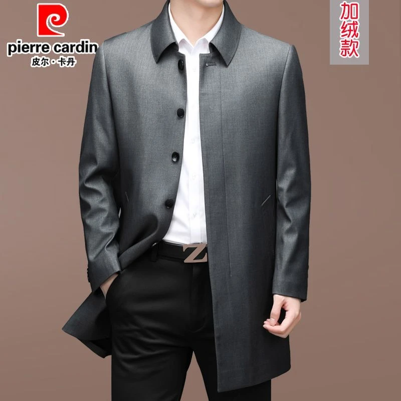 皮尔卡丹冬季加絨加厚风衣男士中长款翻领商务休闲中年爸爸装外套