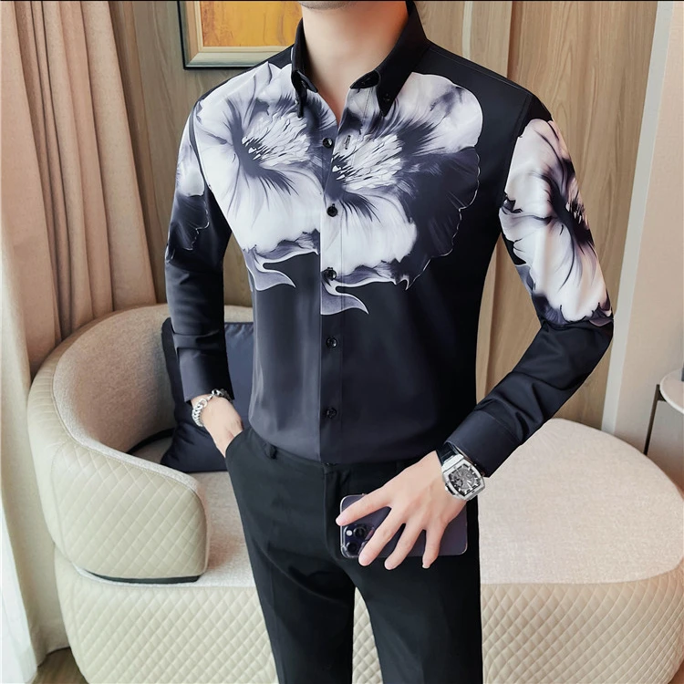 高级感印花衬衣男长袖修身免烫休闲春秋季外套薄款韩版百搭花衬衫