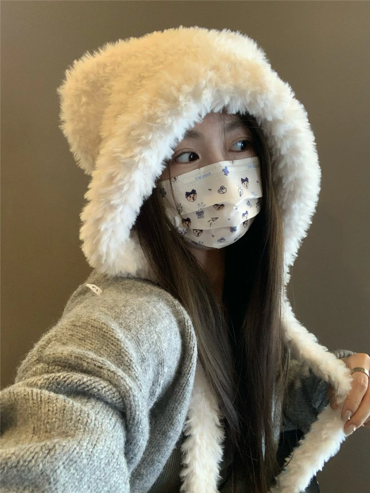 学生可爱立耳小熊毛绒帽子保暖加绒加厚仿兔毛套头帽护耳雷锋帽