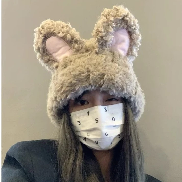 可爱兔子耳朵针织帽子女冬大头围甜美毛线帽显脸小保暖百搭雷锋帽