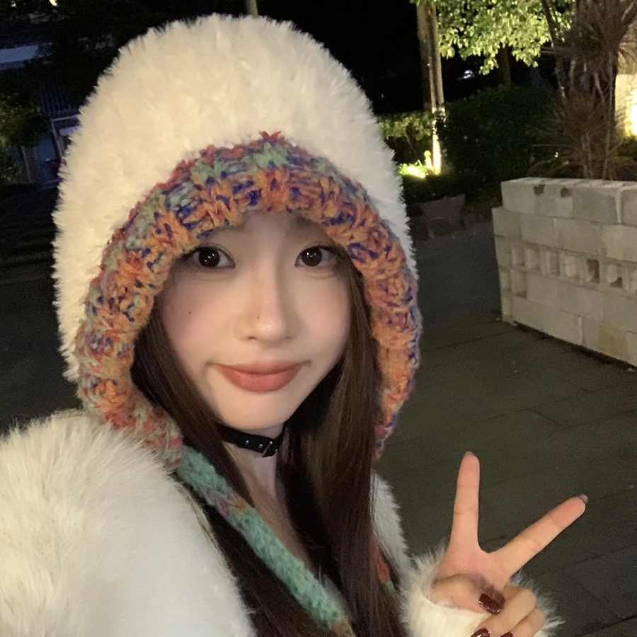 加厚新款秋冬天保暖毛线帽手工大头围毛绒彩色抽绳调节针织帽子女