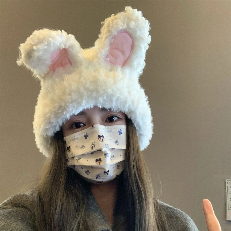 韩国可爱毛绒兔耳朵帽子秋冬保暖针织帽护耳显脸小冷帽包头帽百搭