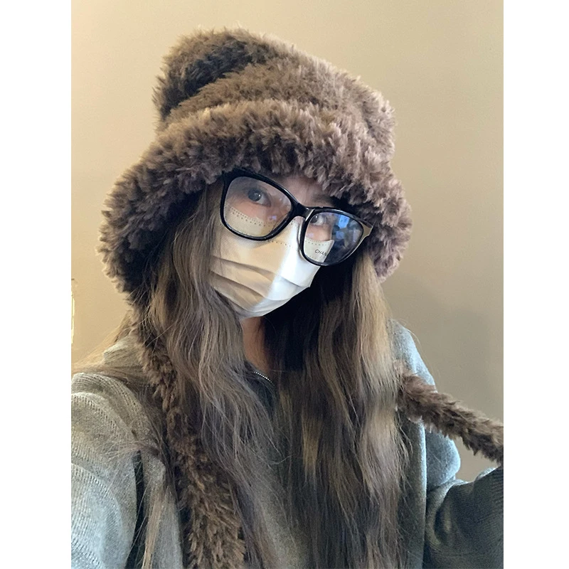 2024网红新款可爱毛绒绒小熊耳朵帽子女保暖护耳大头围雷锋帽