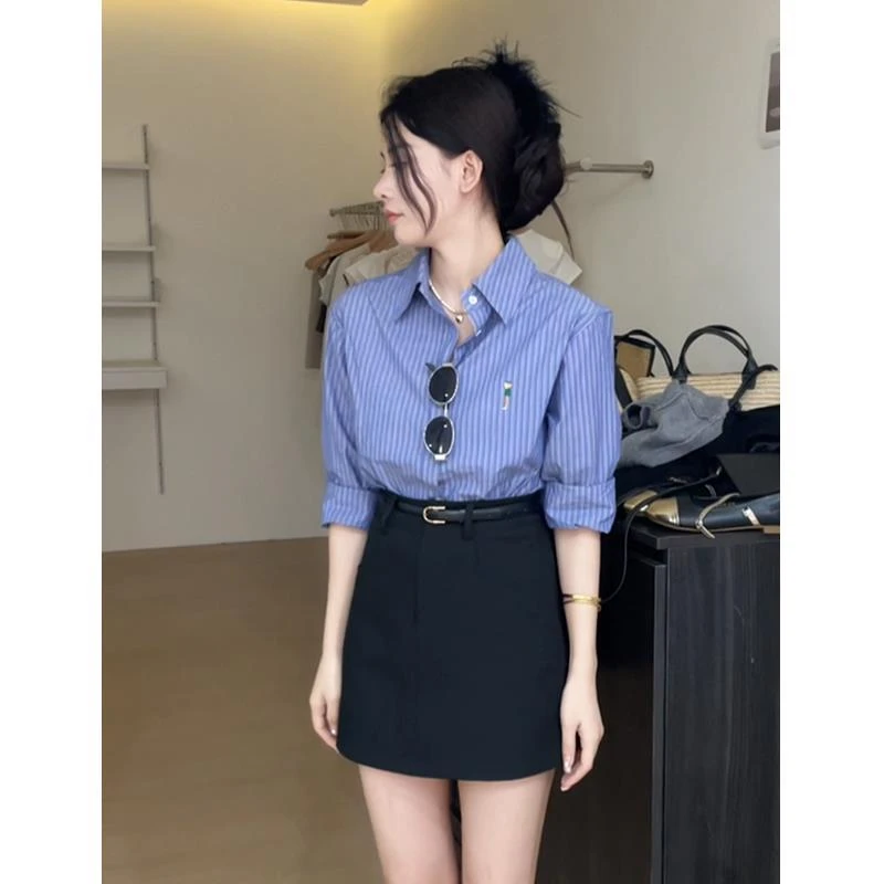 蓝色条纹衬衫女2023新款春秋季外穿长袖内搭叠穿衬衣法式气质上衣