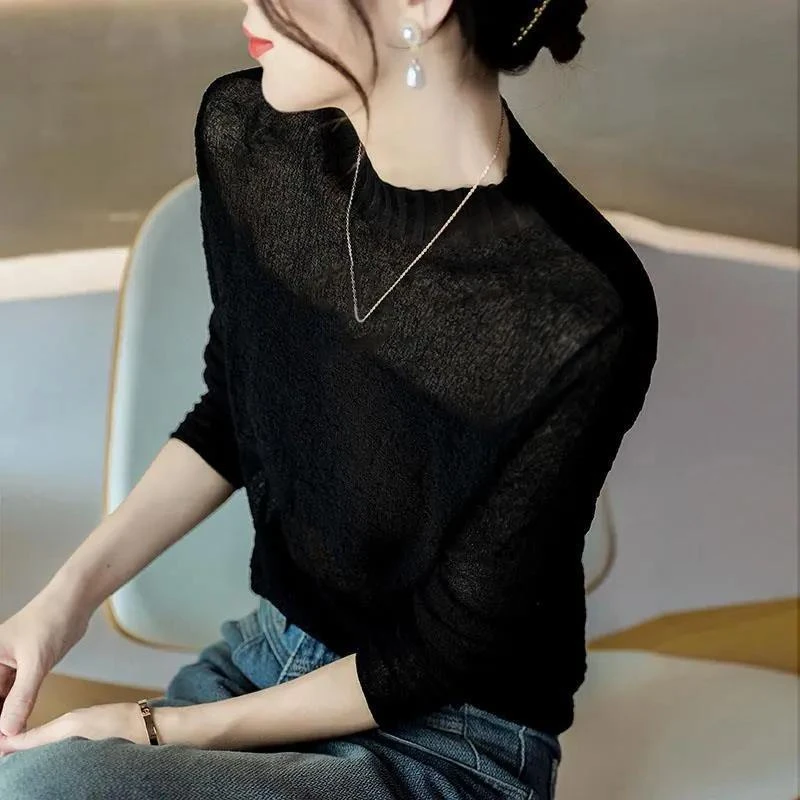 薄款微透t恤小衫春季洋气百搭修身套头肌理感长袖冰丝打底衫上衣