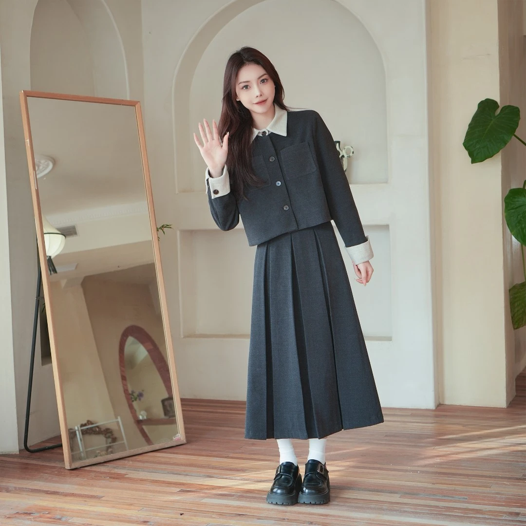 【晚月颂诗】原创高美拉德灰黑色套装学院风JK制服套装百褶裙小香风