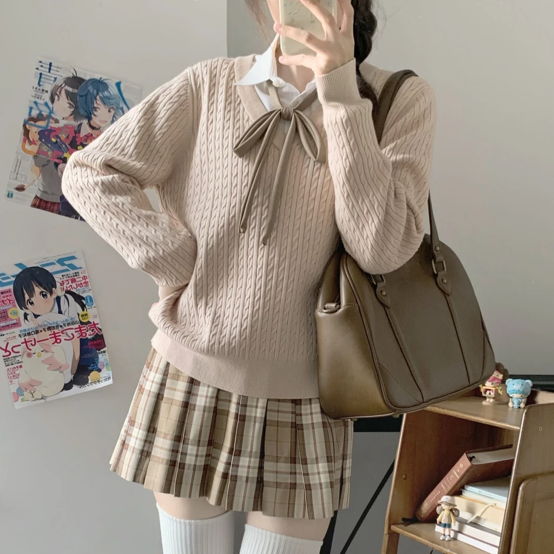 【暮云秋】+毛衣套装新款TR面料美拉德棕色咖格 原创校供JK制服格裙