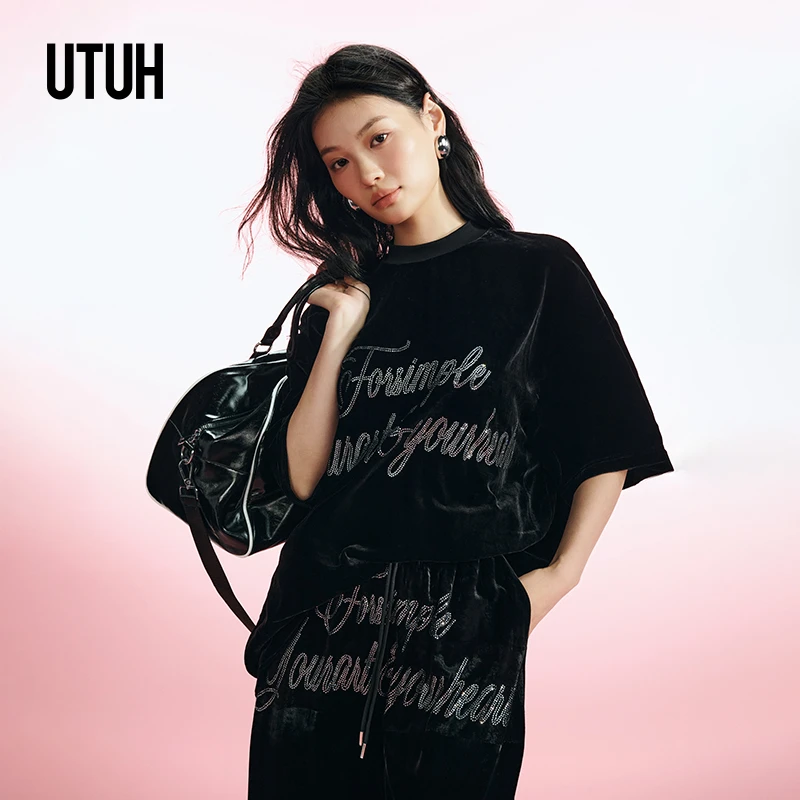 UTUH 烫钻字母印花丝绒质感T恤女时髦百搭 TDWFA2T243