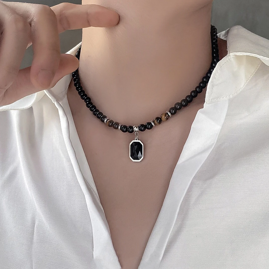 钛钢玻璃项链 秋冬上新爆款男士锁骨链男潮高级感百搭串珠高级感