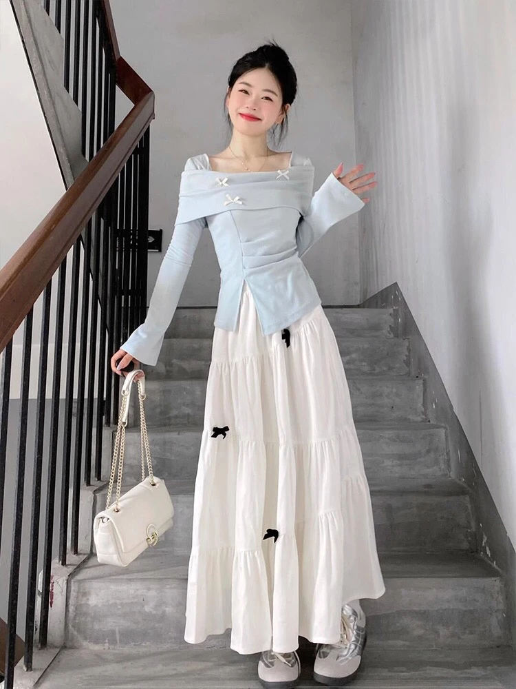 早秋装温柔系炸街奶fufu蓝色一字肩上衣金丝绒秋冬半身裙两件套