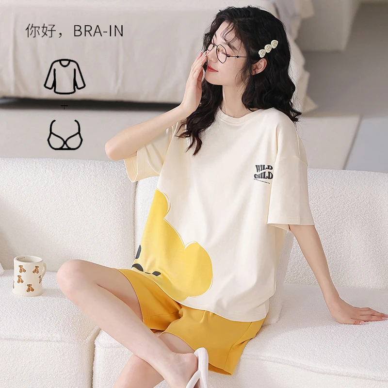 2024年新款夏季睡衣女夏纯棉短袖短裤可外穿带胸垫学生家居服套装