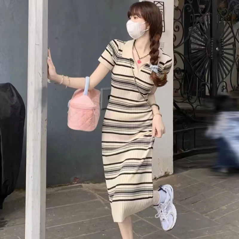 条纹polo领短袖针织小香风女装连衣裙修身显瘦减龄高贵气质连衣裙