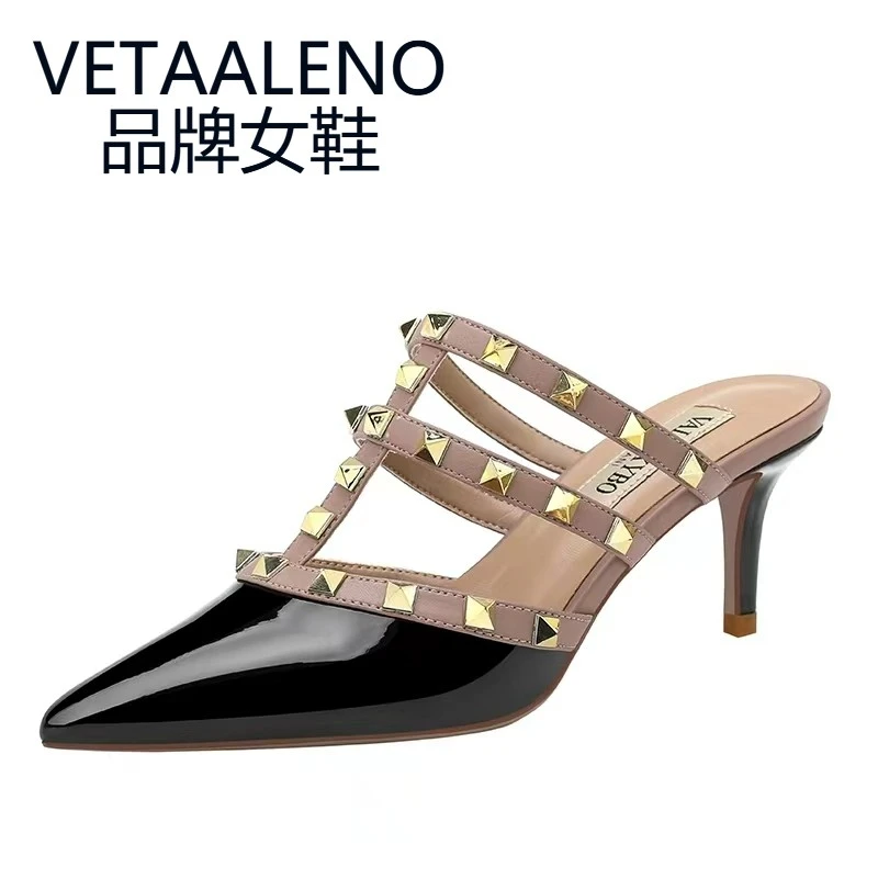 VETAALENO品牌2023新款时尚高端V家铆钉鞋女夏天夏季细跟真皮凉鞋
