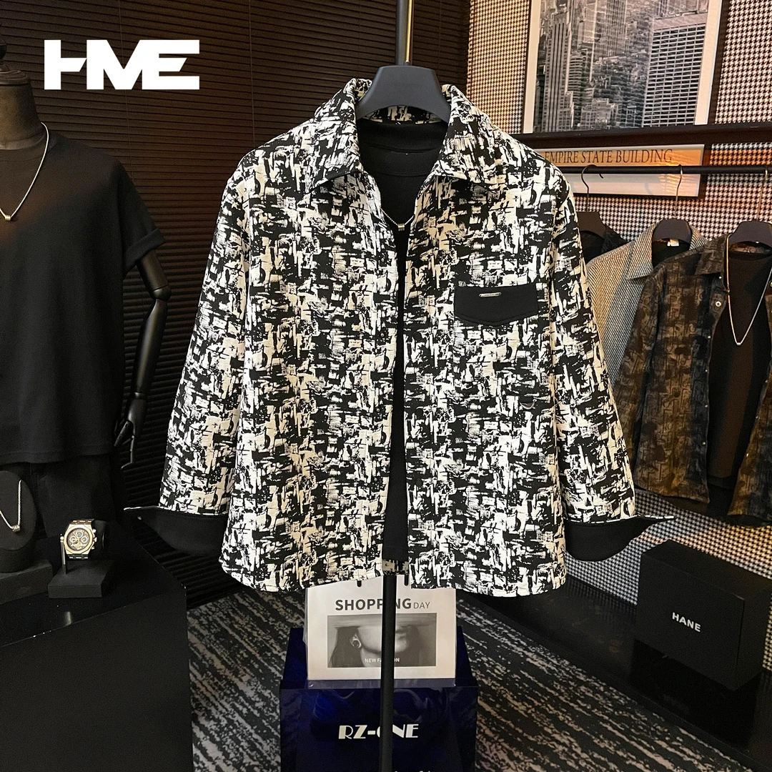 【HMEYAO】原创秋冬高定拼色不规则设计长袖休闲翻领衬衫外套男士