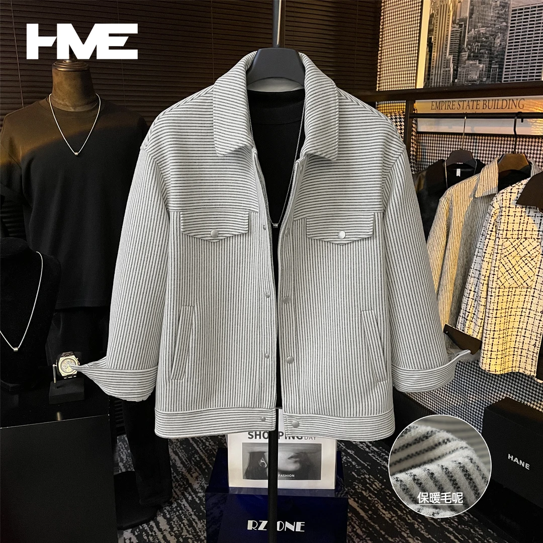 【24-961】冬季原创设计高定小香风条纹加厚翻领夹克保暖毛呢外套