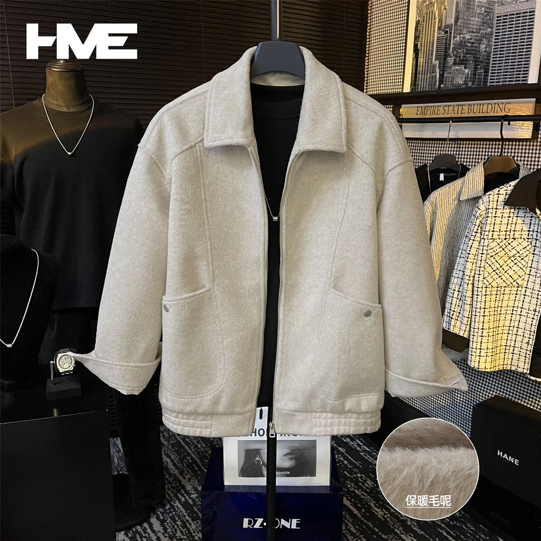 【24-912】原创冬季绵羊毛保暖百搭拼接翻领长袖毛呢夹克外套