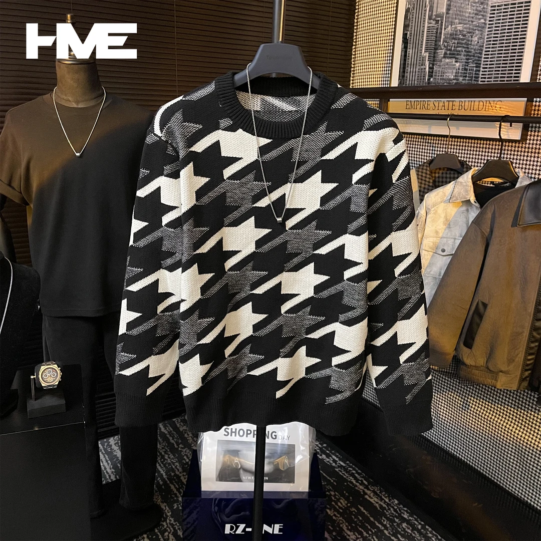【HMEYAO】原创设计冬季拼色针织衫潮流休闲男士保暖高级感圆领毛衣