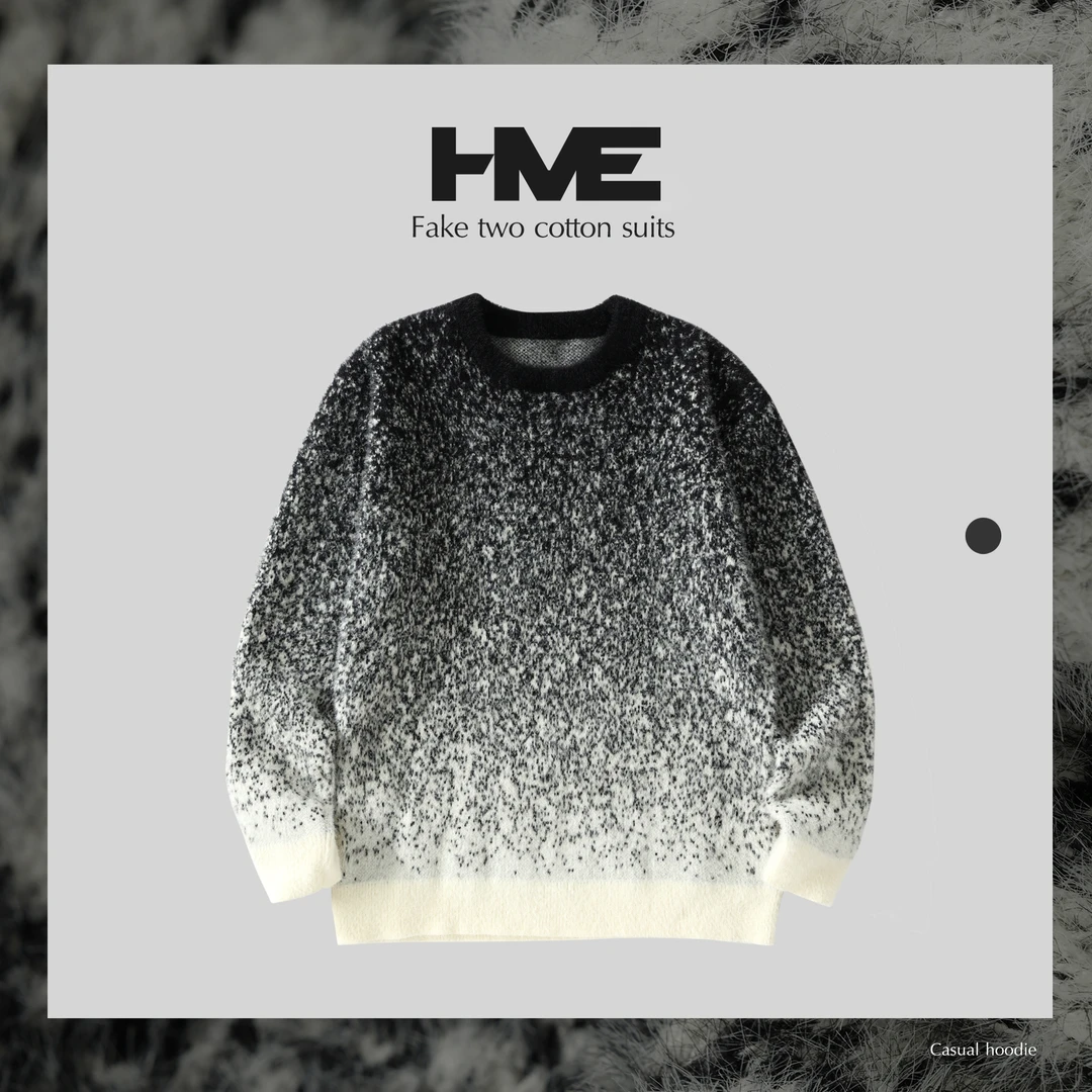 【J96】重磅厚实雪花绒高级渐变三色提花毛衣加绒加厚男长袖上衣