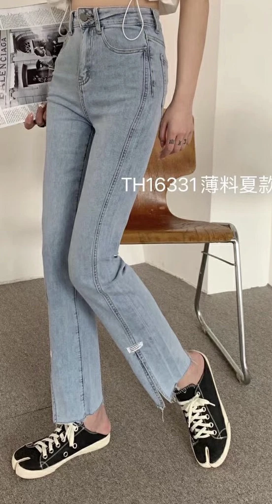 韩版修身开叉直筒牛仔裤
