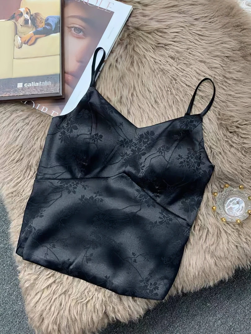 新中式醋酸绸缎面吊带背心气质夏季内搭女背心打底蕾丝修身无袖