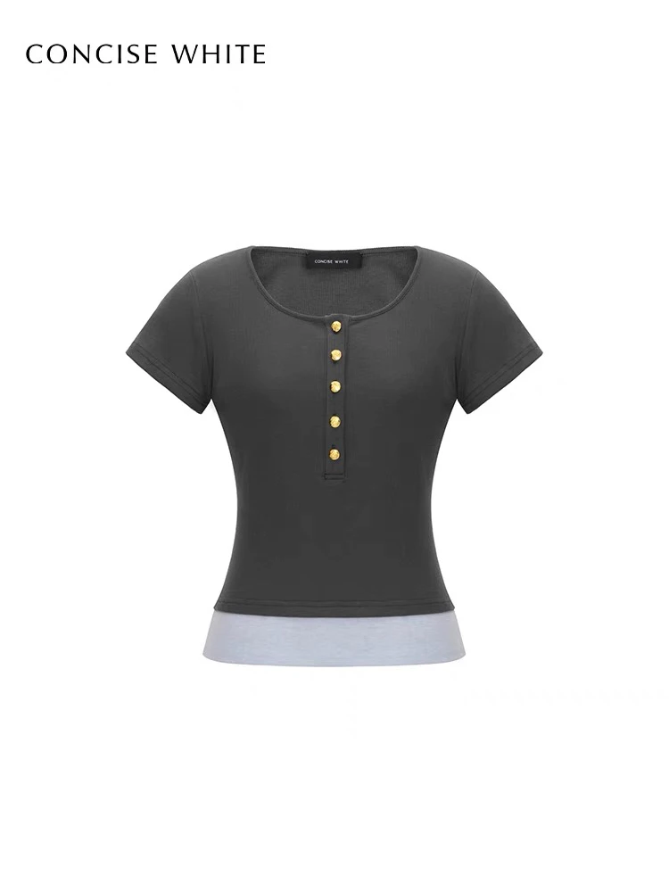 CONCISE WHITE简白2024夏新款修身短袖上衣女弹性拼色T恤设计师