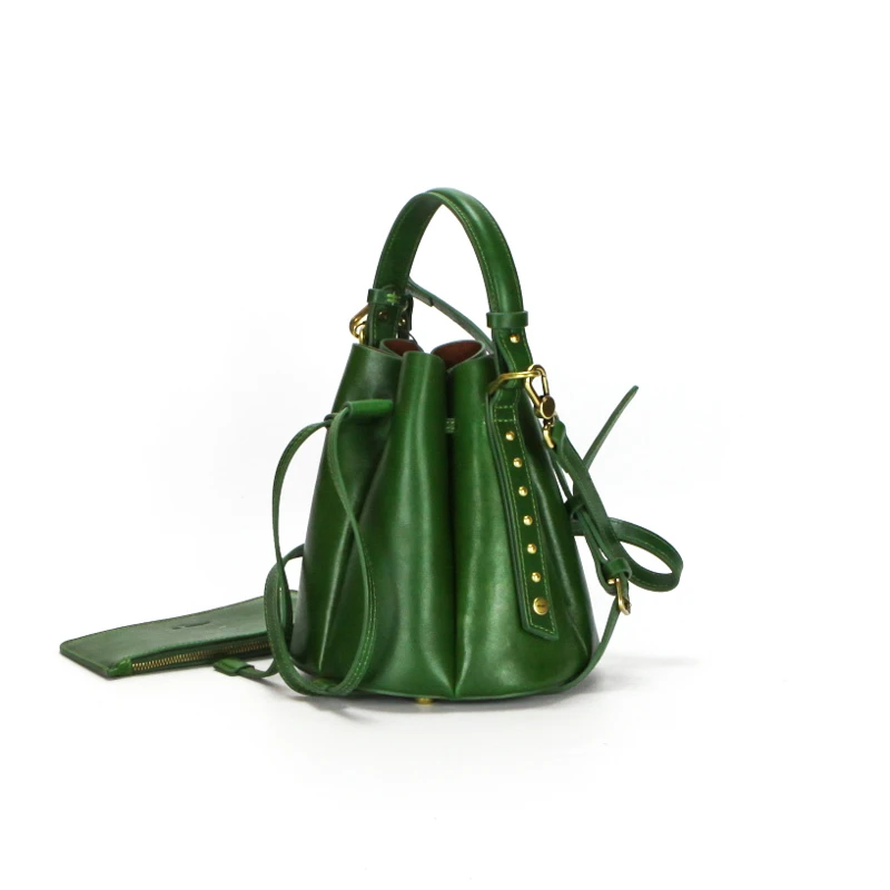 食草堂正品牛皮时尚小众复古百搭花屏硬面女士单肩水桶包-弥萧