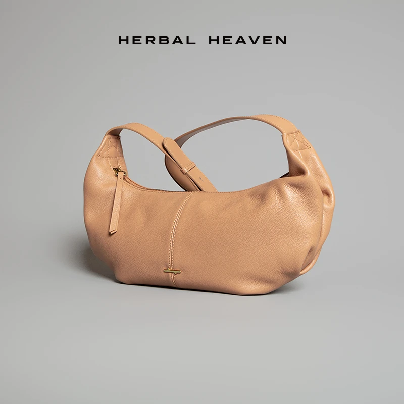 食草堂2024初秋新款头层牛皮大容量单肩包软皮造型感女士包包清风