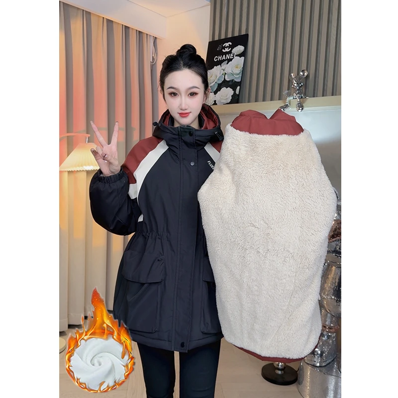 【加绒加厚】2024新款拼色户外休闲中长连帽宽松冲锋衣时尚外套