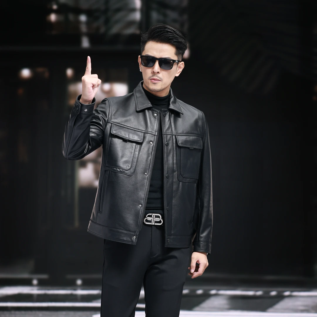 海宁真皮皮衣头层牛皮毛领内胆可脱卸冬季保暖男士短款时尚休闲款