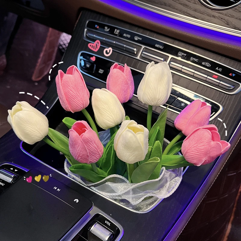 汽车摆件2023新款郁金香花束网红车载摆件中控台女神车内装饰用品