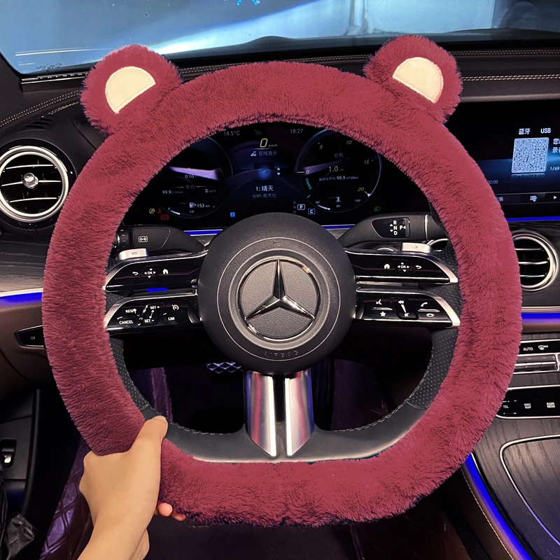 冬季方向盘把套毛绒可爱草莓熊女款网红保暖防滑四季通用方向盘套