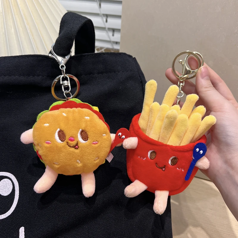 可爱薯条汉堡包包挂件女毛绒公仔网红情侣款汽车钥匙扣背包小挂饰