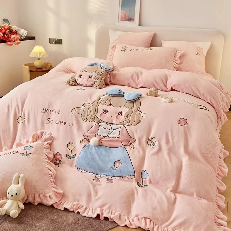 高克重多件套加厚保暖牛奶绒四件套卡通重工刺绣高品质冬季保暖