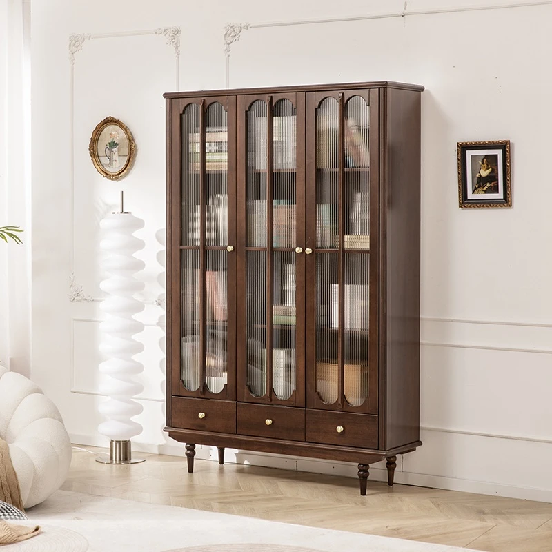 法式复古风三门书柜组合两门带玻璃门全实木美式简约落地书橱柜