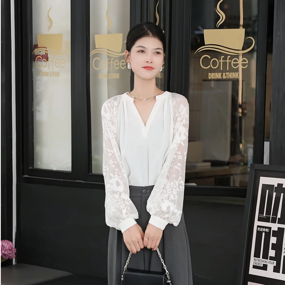 JXCH【极简主义】夏季法式长袖 V领烧花刺绣衬衣 小众气质重工衬衫