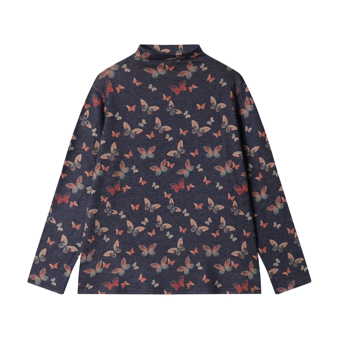 新款时尚个性炫彩满印蝴蝶半高领长袖T恤休闲百搭打底衫T1966