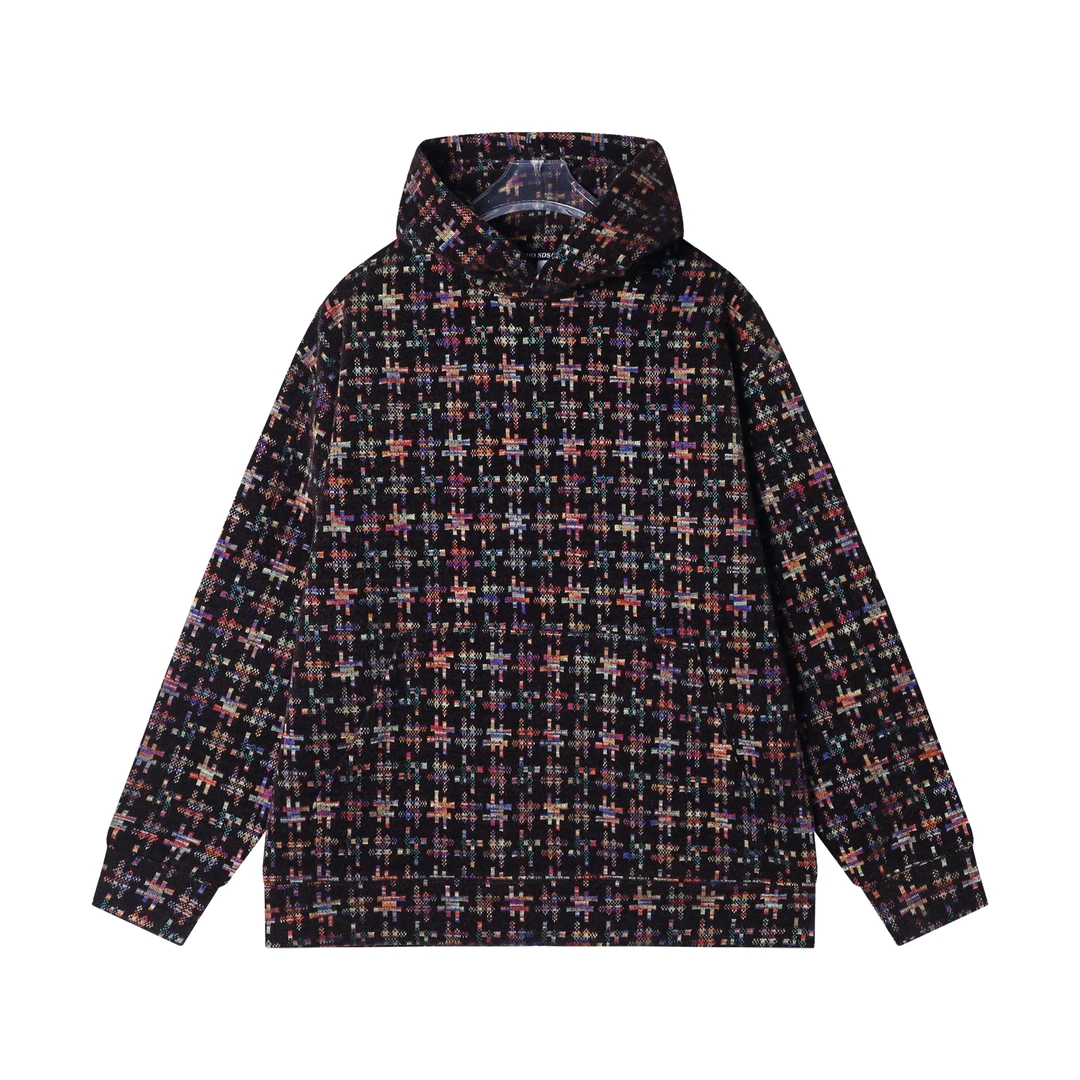 WY762秋冬季新款重磅拼图碎片复古连帽编织套头潮流休闲时尚卫衣