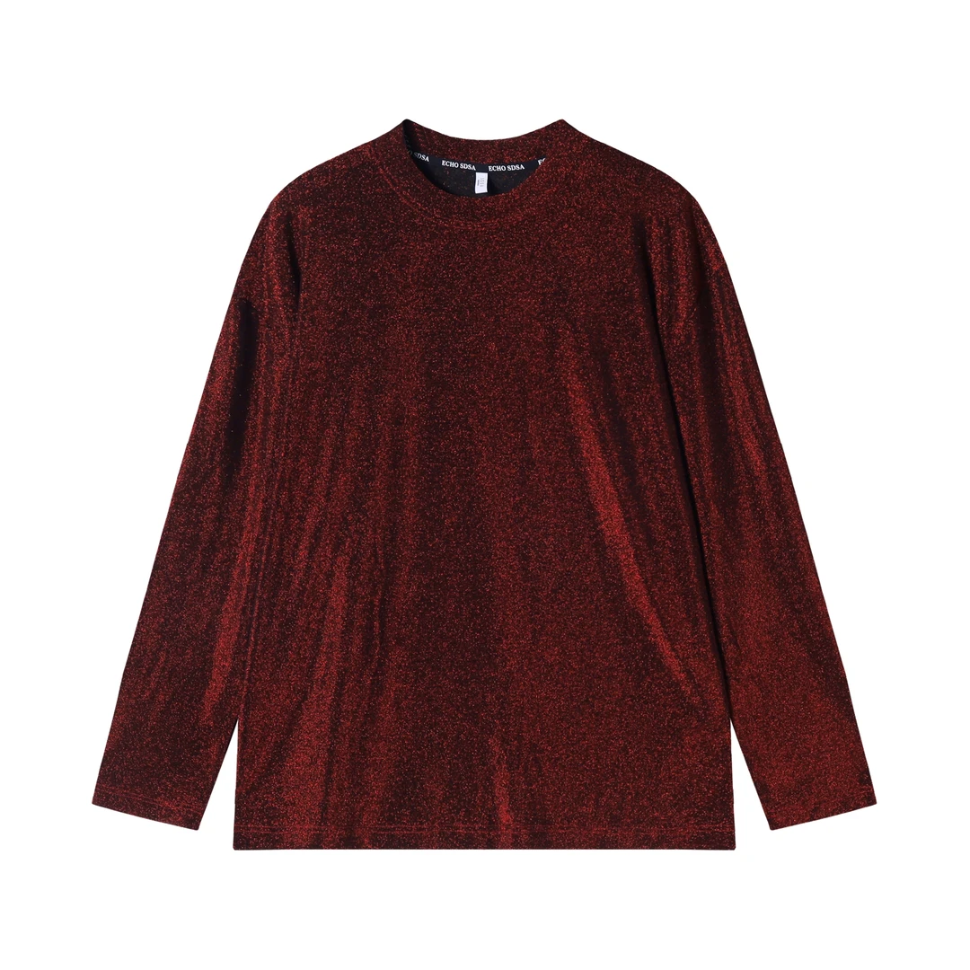 春秋新款亮闪闪冰丝滑宽松垂感好长袖T恤衫休闲舒适百搭上衣