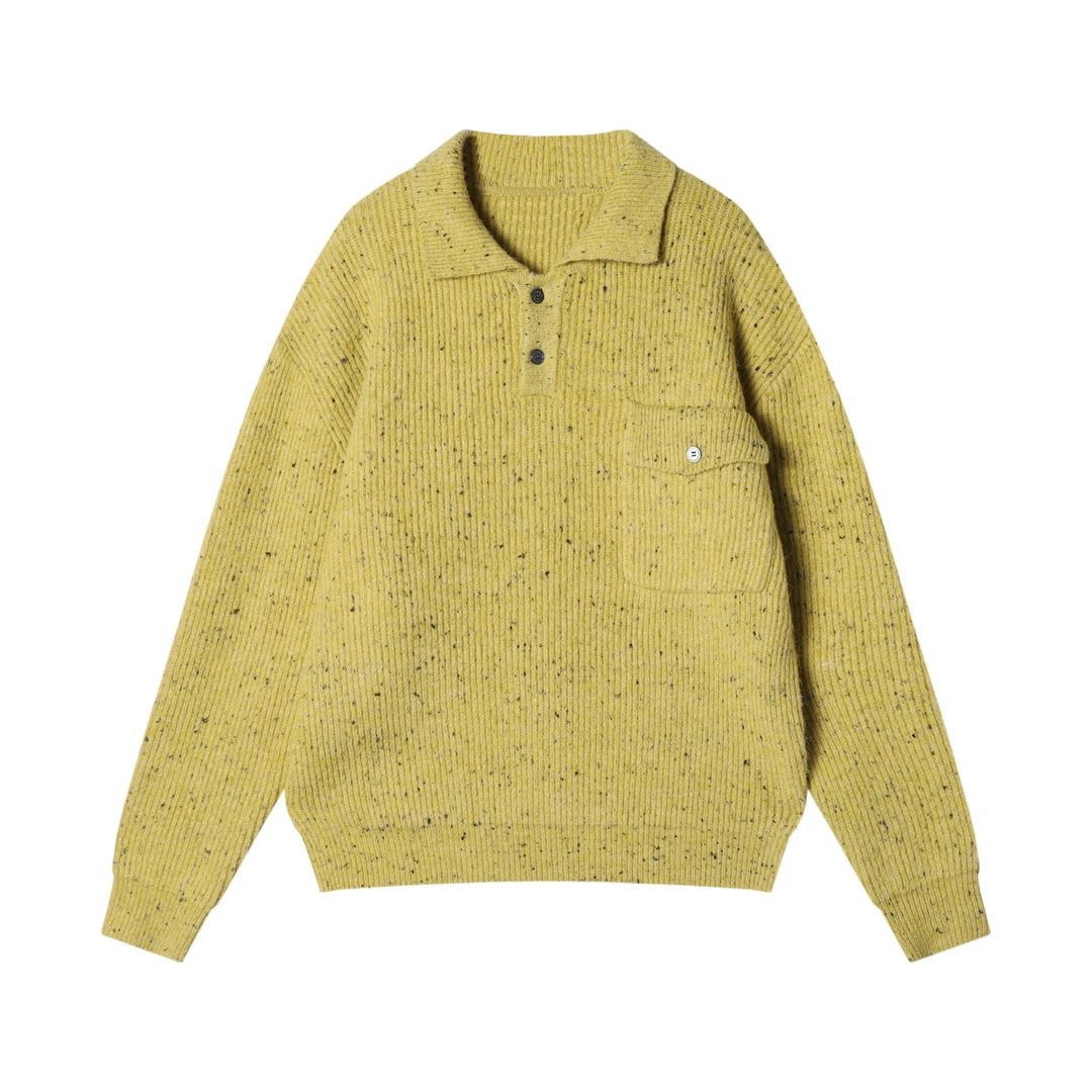 秋冬季新款时尚个性日系纯色斑点翻领纽扣针织毛衣百搭休闲上衣潮