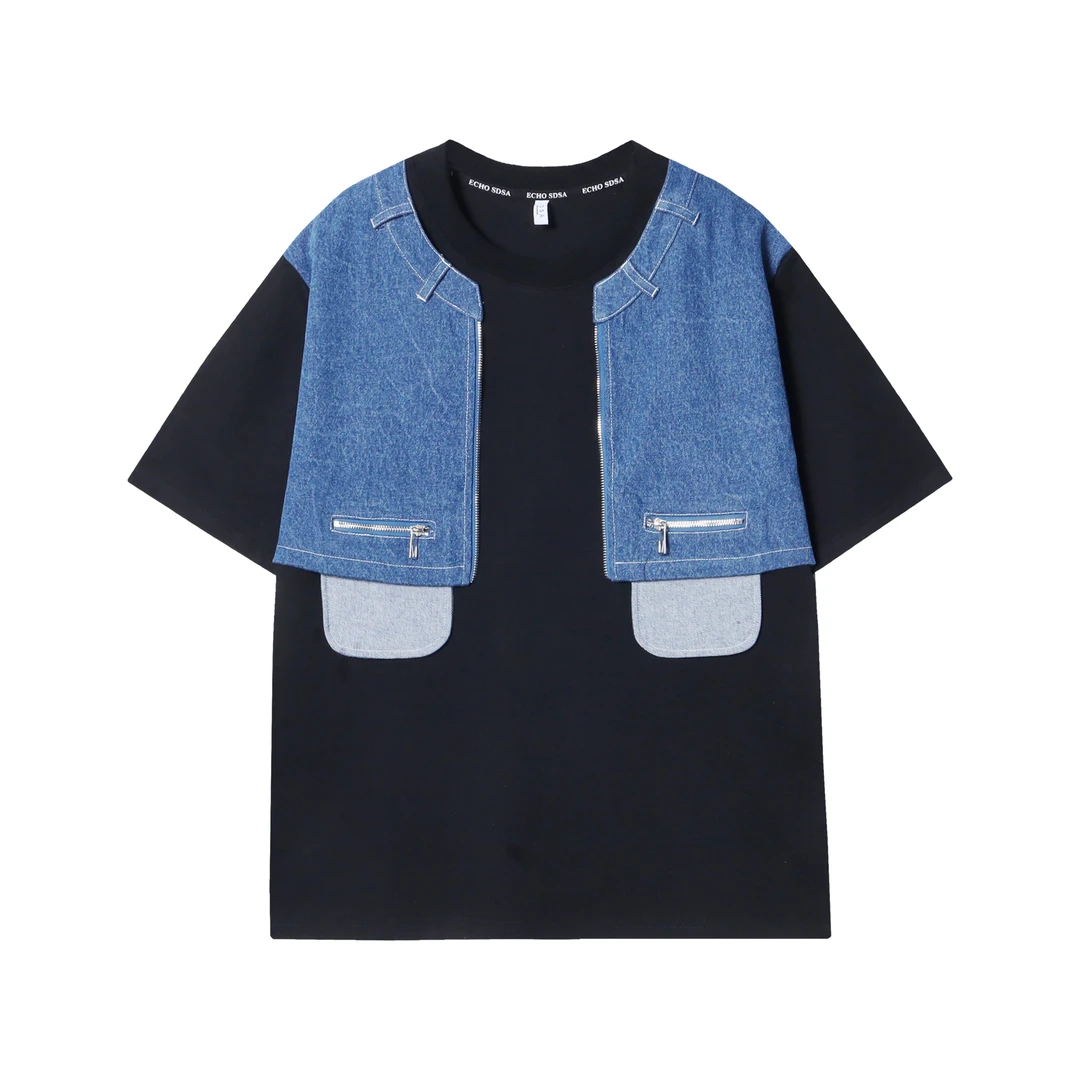 T873夏季时尚休闲拼接牛仔口袋男士短袖复古宽松上衣潮流圆领T恤