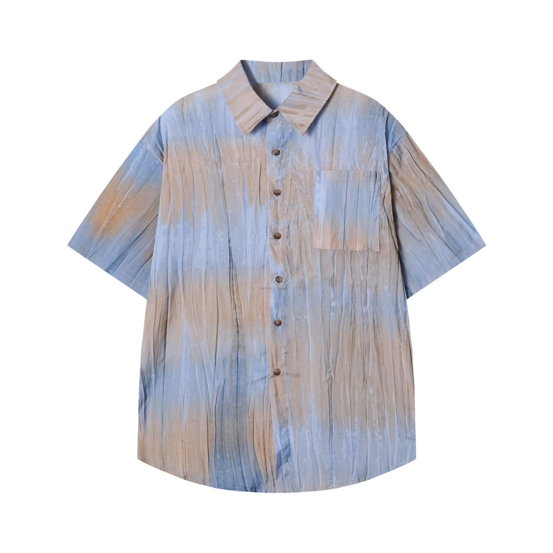 夏季新款时尚撞色印染口袋男士衬衫百搭潮流设计短袖休闲上衣