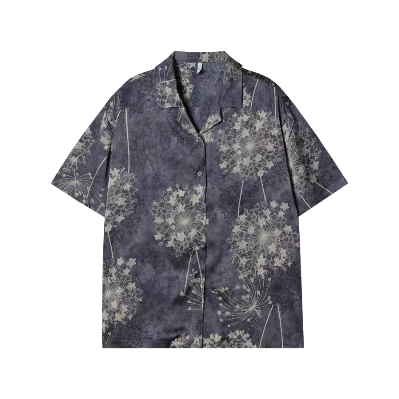 T1127新款国风扎染花朵印花男士衬衫百搭潮流休闲上衣宽松短袖