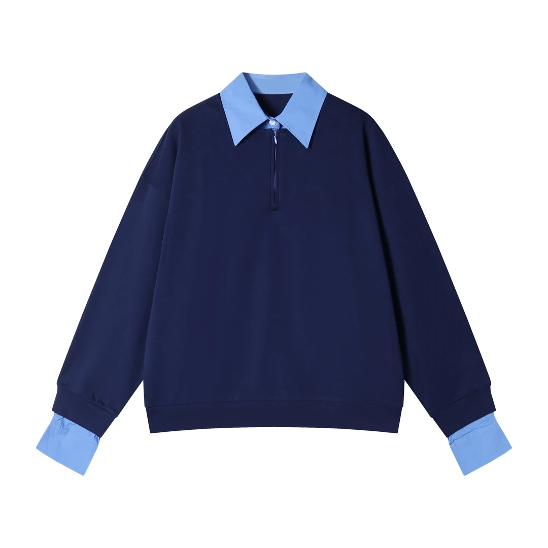 WY471新款时尚个性半拉链设计翻领假两件上衣休闲百搭上衣