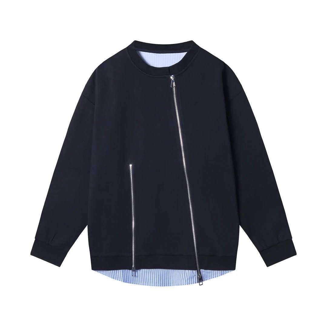 秋冬季新款简约百搭拼接圆领卫衣拉链设计时尚潮流宽松长袖