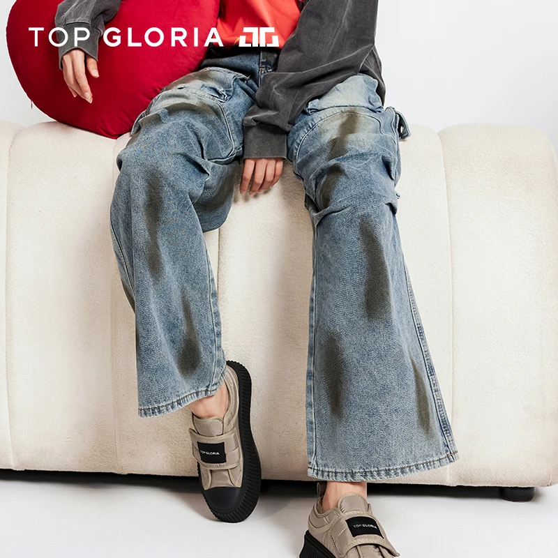 汤普葛罗2024秋冬新款美式复古多口袋牛仔工装裤街头风辣妹阔腿裤