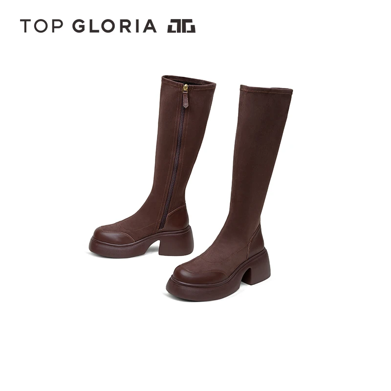 汤普葛罗2024秋冬新款绒面骑士靴圆头厚底粗跟长靴英伦时尚瘦瘦靴