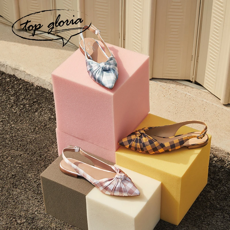 Top Gloria汤普葛罗夏季新款时尚尖头格纹仙女小清新网红凉鞋